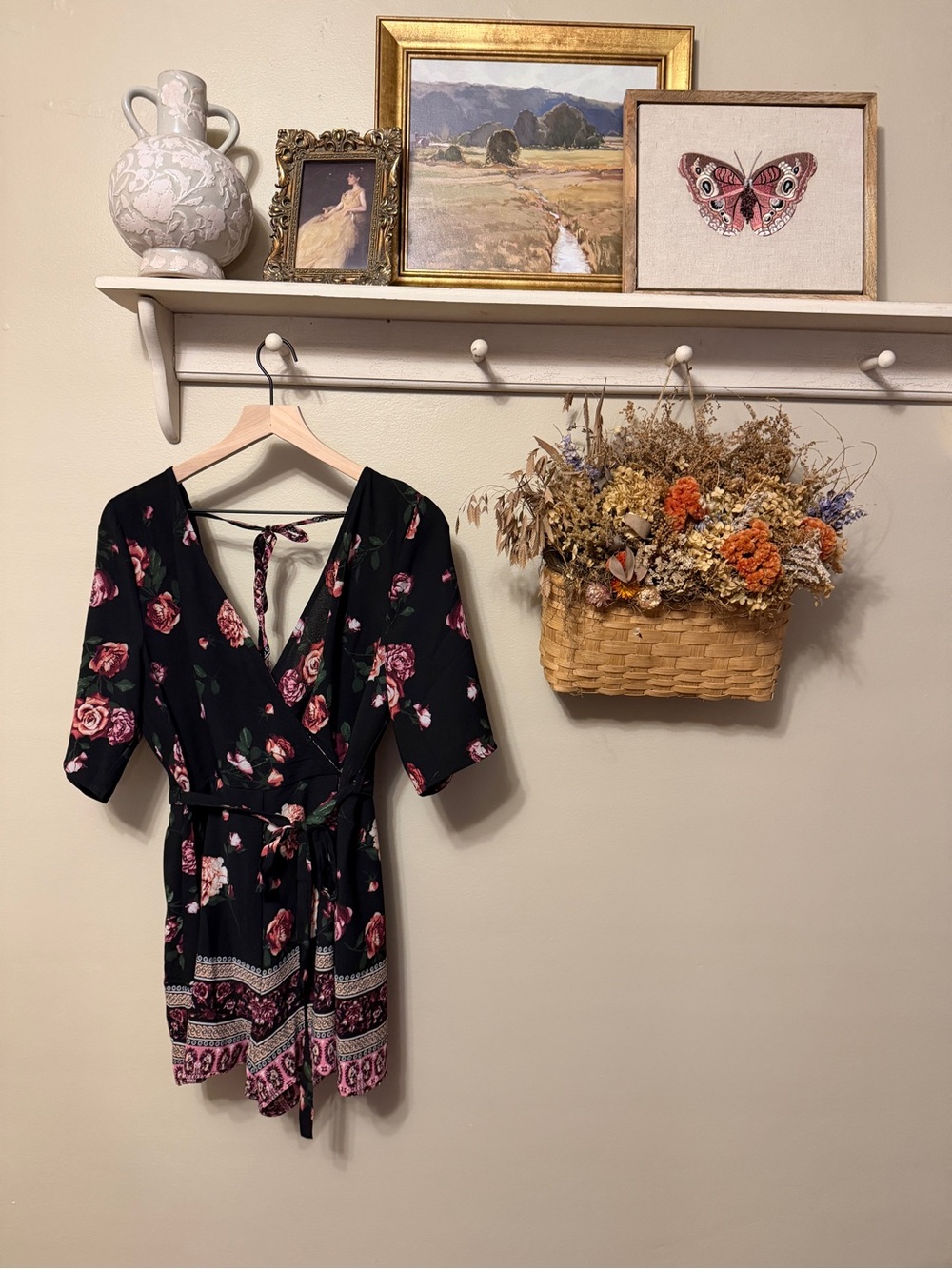 Black Floral Wrap Romper with Pink Roses